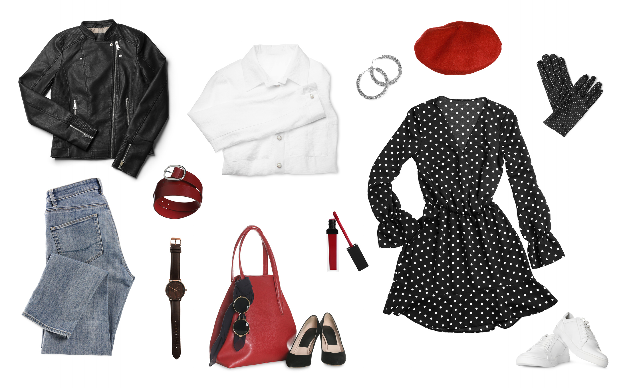 Fall capsule wardrobe flat lay with trench coat, knitwear, silk scarf and leather loafers