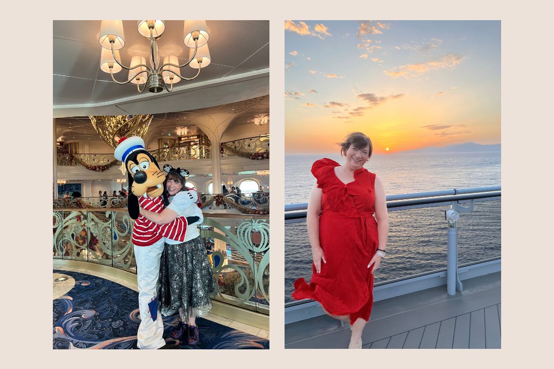 A Disney Cruise Line ship and a Virgin Voyages ship shown side by side at Halloween